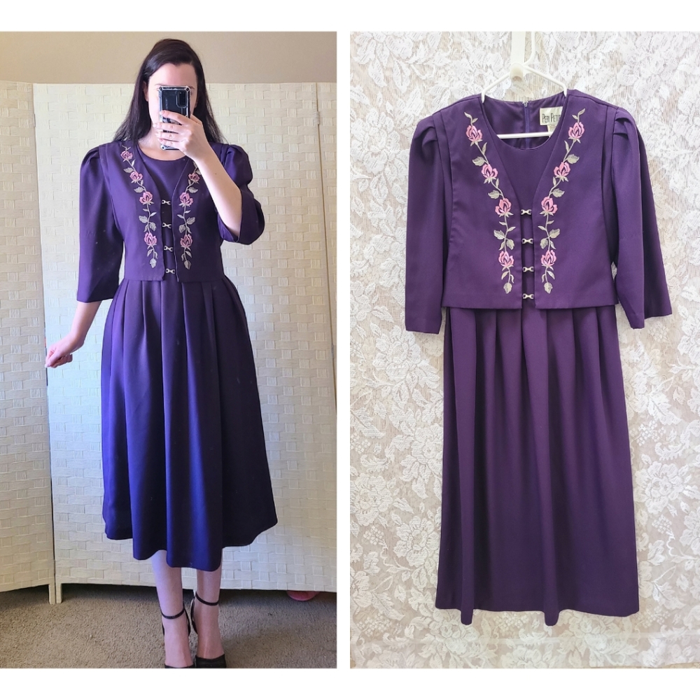 Vintage 80's Peri Petite Purple Vest Dress Floral Embroidered Modest Tie Amish